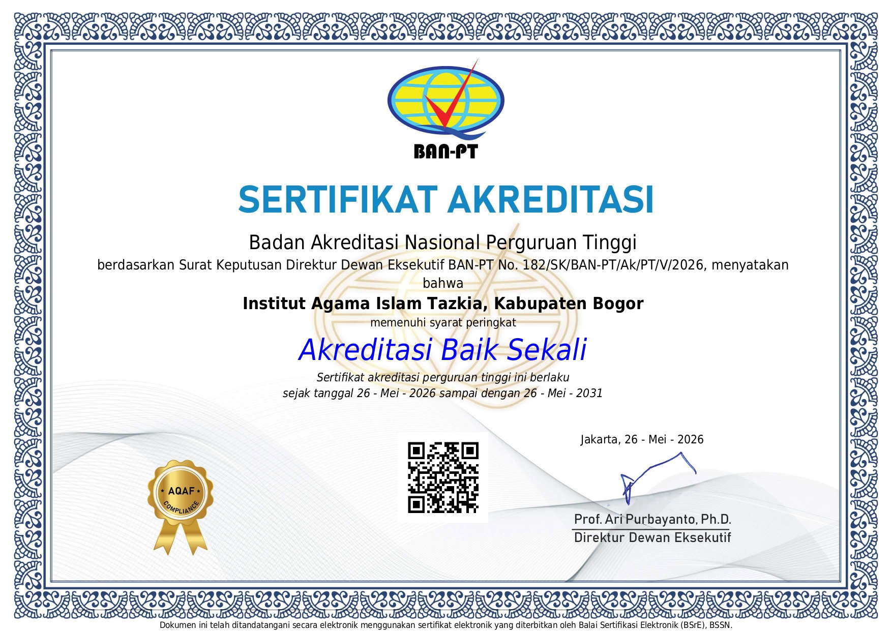 Akreditasi Tadris Pendidikan Ekonomi Syariah Baik Tazkia