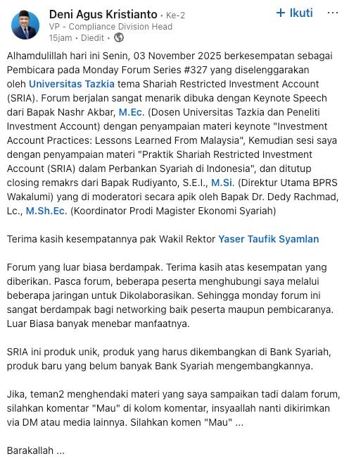 Deni Agus Kristianto LinkedIn Monday Forum SRIA