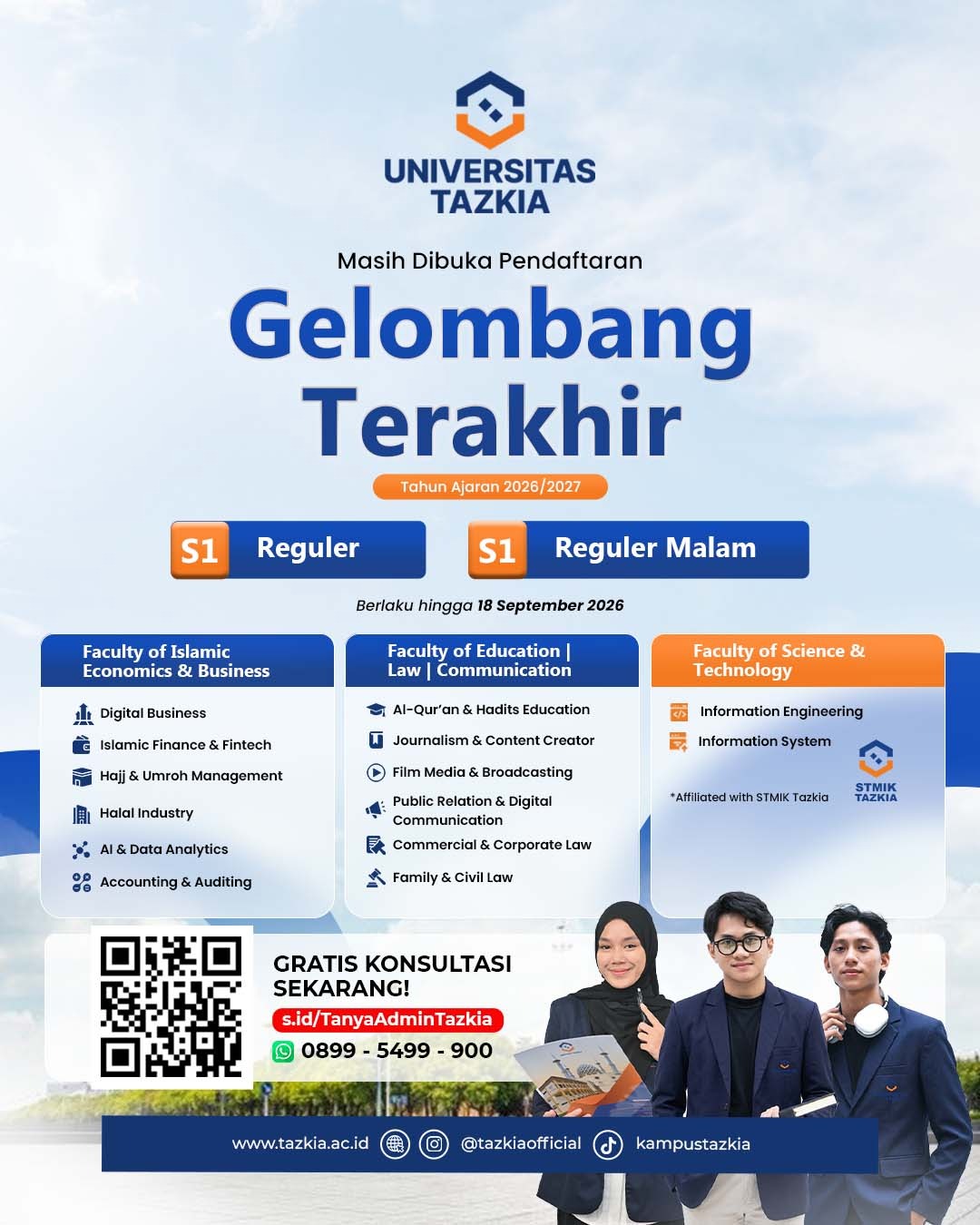 Gelombang Terakhir PMB Universitas Tazkia 2026/2027, Pendaftaran S1 Masih Dibuka
